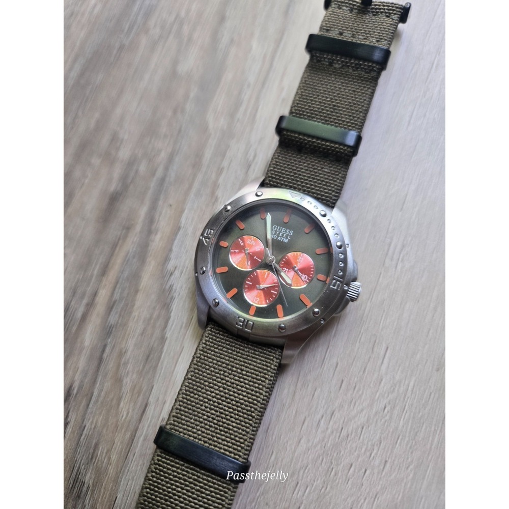 Guess Watch Mens Steel 10 ATM Olive Green Orange Dial NATO Strap Diver Style Y2K